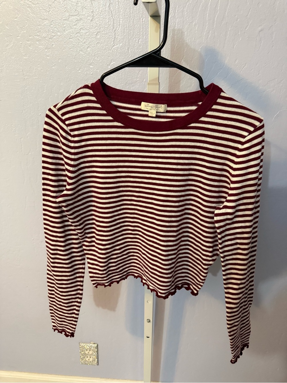Ultra Flirt Burgundy and White Striped Long-Sleeve Crop Tee